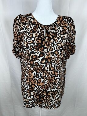 Talbots Petite Leopard Print Blouse Size MP Medium Puff Shoulder Keyhole